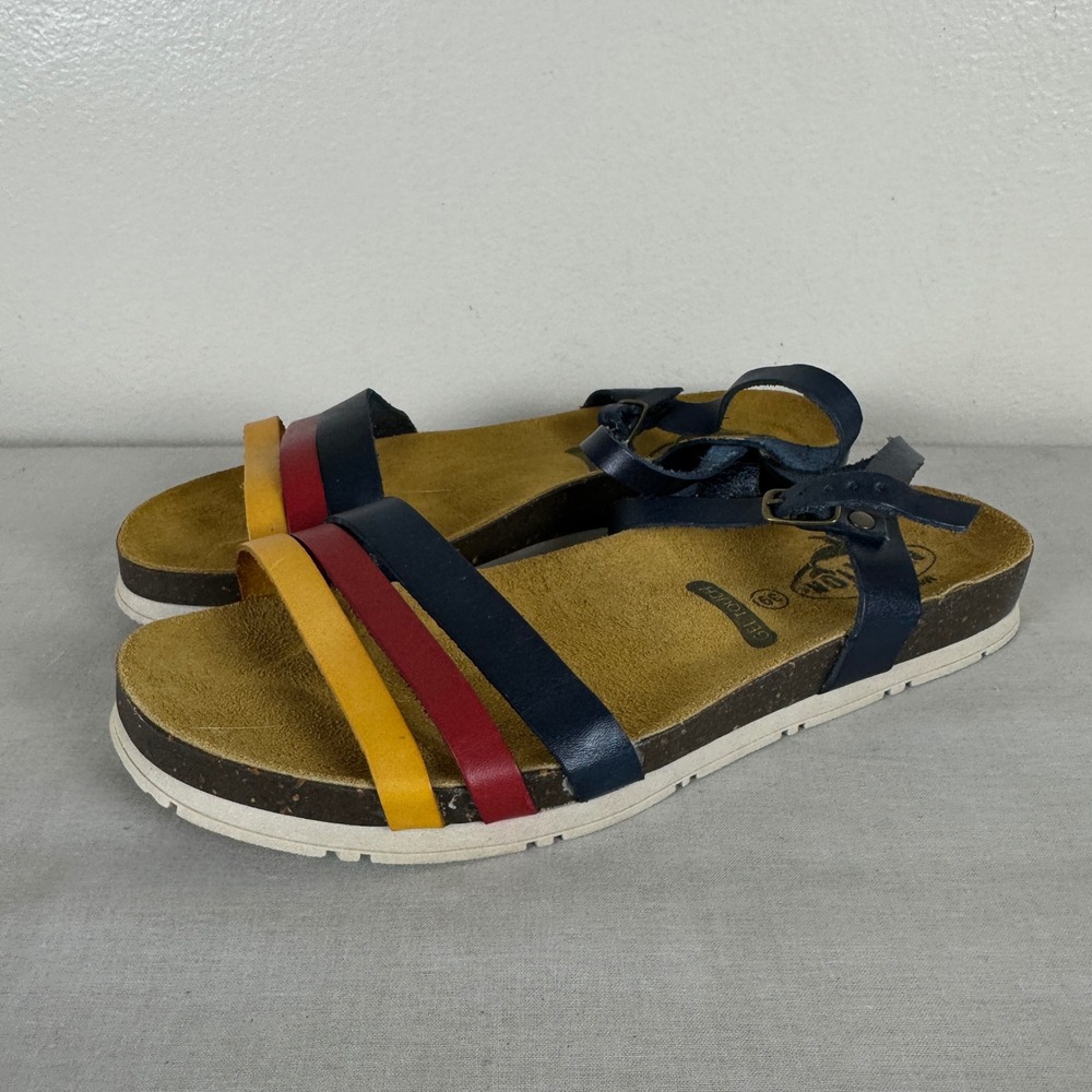 Plakton Women's 39 Sandals Navy Red Yellow Leather Strappy Gel Touch Spain